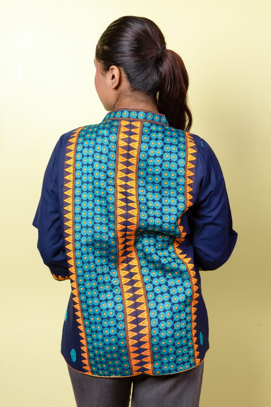 Navy Blue Shrug with Assamese traditional motifs.